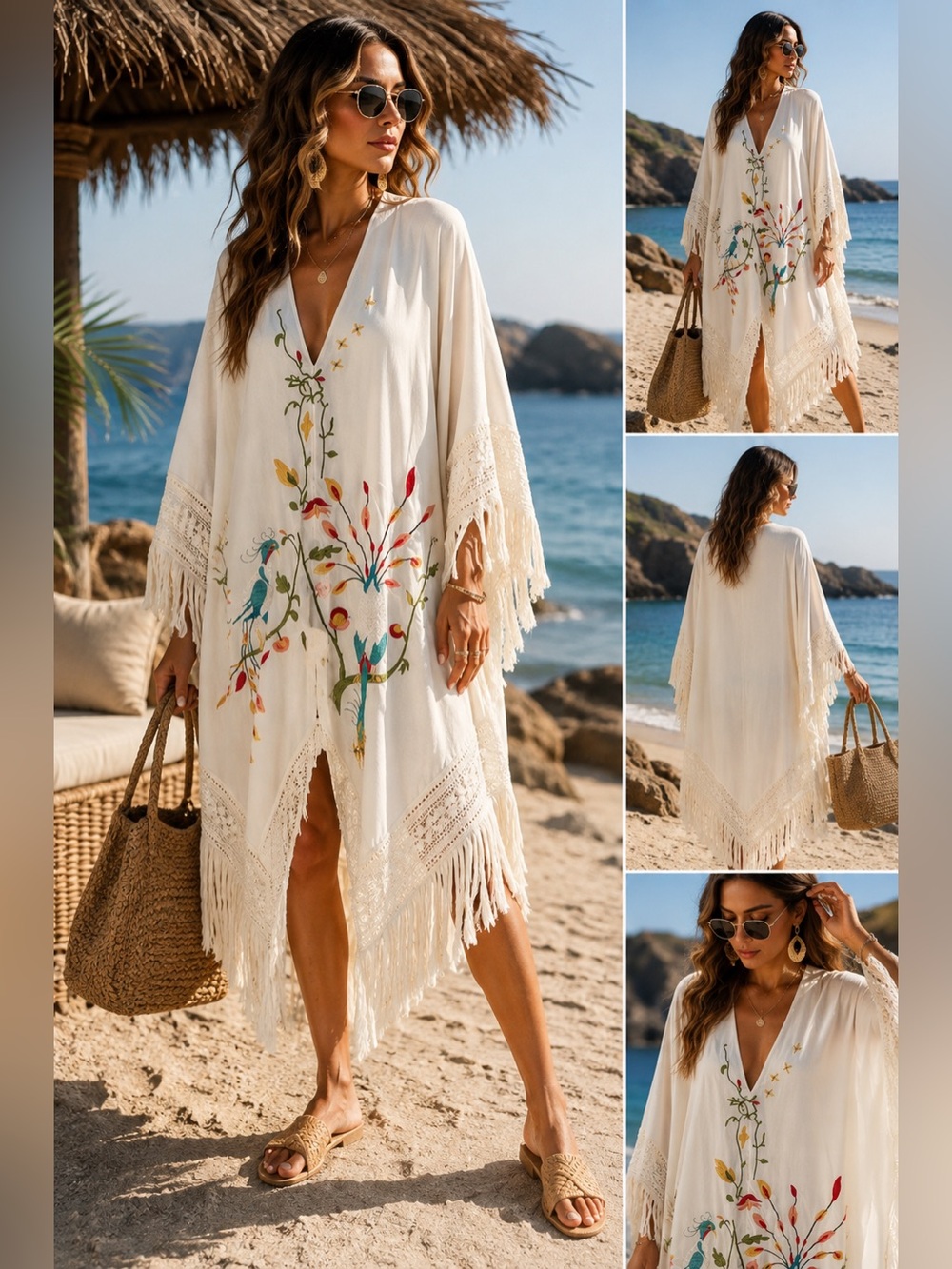 Oshoplive Ivory Embroidered Boho Kimono Swim Coverup